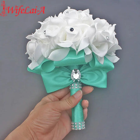 Cheap Prom Baby Blue Flower Brooch Wedding Bouquet De Mariage Wedding Bouquets PE Rose Diamond Ribbon Bouquet W2017D