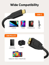 1FT USB C to Micro B Cable, 10Gbps Transfer Speed, Compatible with Iphone 15 Plus/15 Pro Max, WD My Passport External Drive, Black