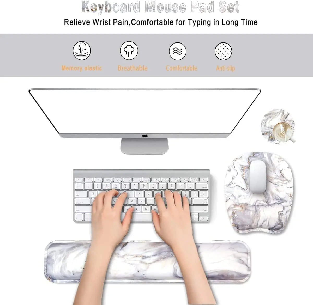 Keyboard Wrist Rest Mouse Pad Wrist Support for Computer/Laptop Memory Foam Keyboard Pad Ergonomic Hand Rest Wrist Cushion for Home Office Gaming - White Marble