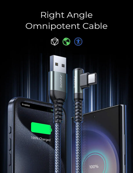 USB C Cable [2-Pack, 6.6Ft] 3.1A Type C Charger Fast Charging Right Angle, Durable Nylon Braided USB C Charging Cable Compatible with Galaxy S10 S9 S8 plus S21, Note 10 9 8, LG, Type C Charger