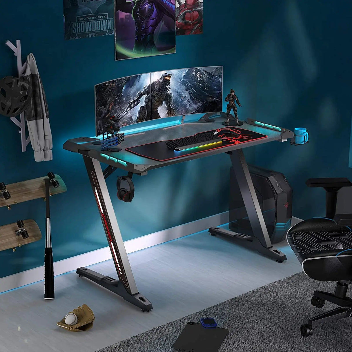 Z1-S Pro Gaming Desk 44.5" Z Shaped Home Office PC Computer Desks Gamer Tables with LED Lights Controller Stand Cup Holder Headphone Hook Free Mousepad for Men Boyfriend Female Gift
