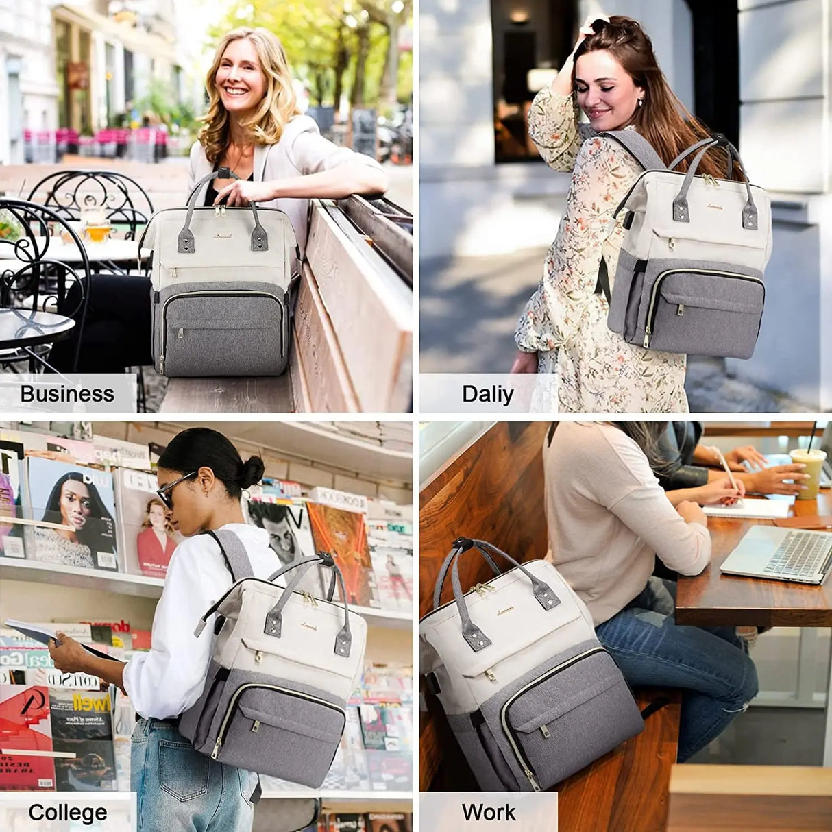 Laptop Backpack for Women Fashion Business Computer Backpacks Travel Bags Purse Doctor Nurse Work Backpack with USB Port, Fits 17-Inch Laptop Beige Grey