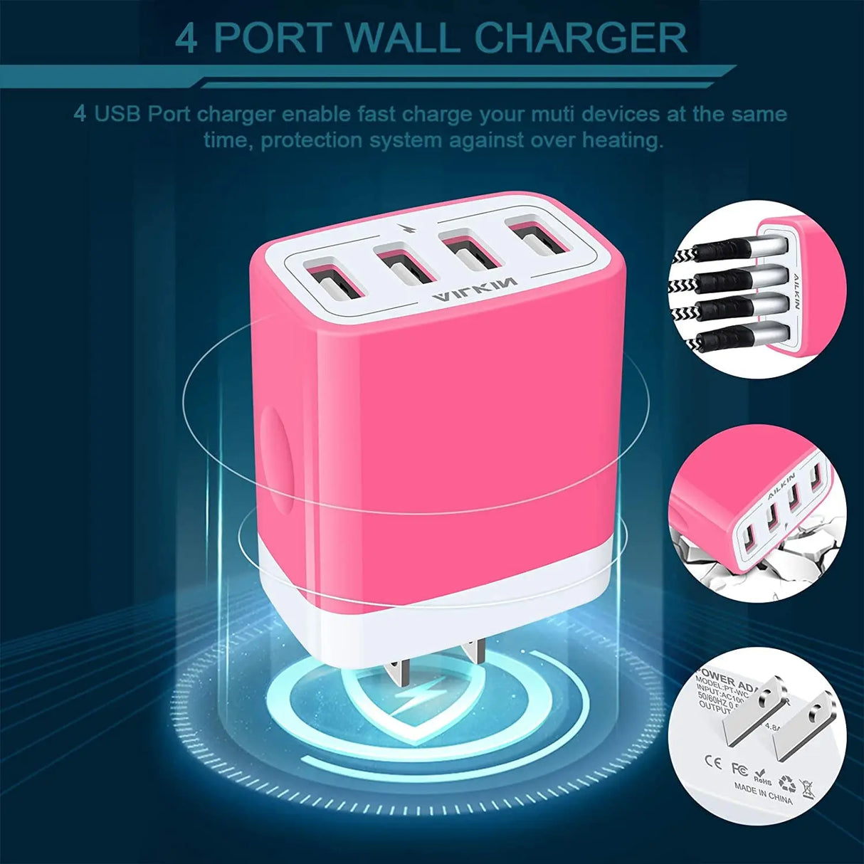 USB Wall Charger, Charging Block,  2-Pack 4.8A/5V 4 Port USB Plug Power Travel Brick Adapter for Iphone, Ipad, Samsung Galaxy, Moto, Kindle Fire, Headphones, Doorbell Android Phone Box Cube