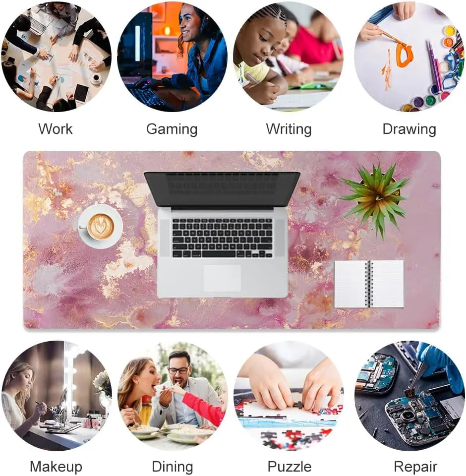 Large Mouse Pad, Cute Pink Desk Mat for Desktop, Women Girls PU Leather Waterproof Gaming, Rose Gold Marble Computer PC Laptop Protector Writing Pads for School Office Home 31.5" X 15.7"