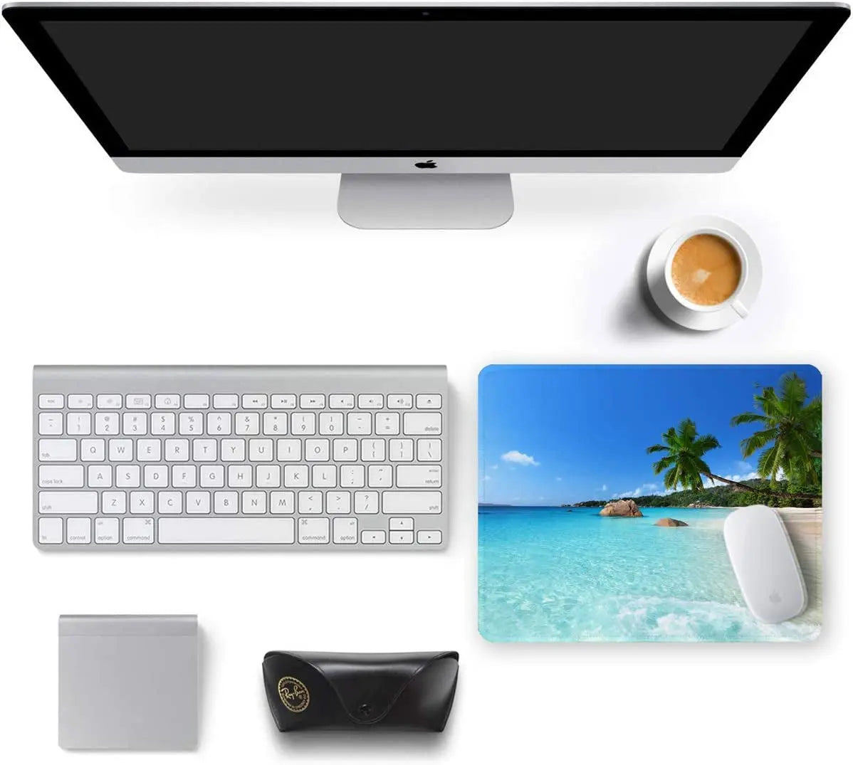 Mouse Pad, Square Beach Style Anti-Slip Rubber Mousepad with Durable Stitched Edges for Gaming Office Laptop Computer PC Men Women Kids, Cute Custom Pattern, Beach and Coconut Trees Design