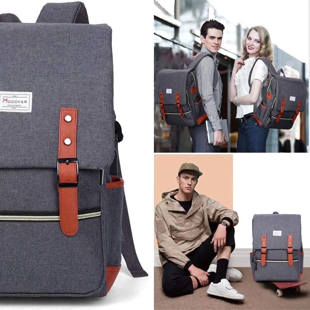 Vintage Laptop Backpack for Women Men,Travel Backpacks with USB Charging Port Fashion Backpack Fits 15.6Inch Notebook, Grey