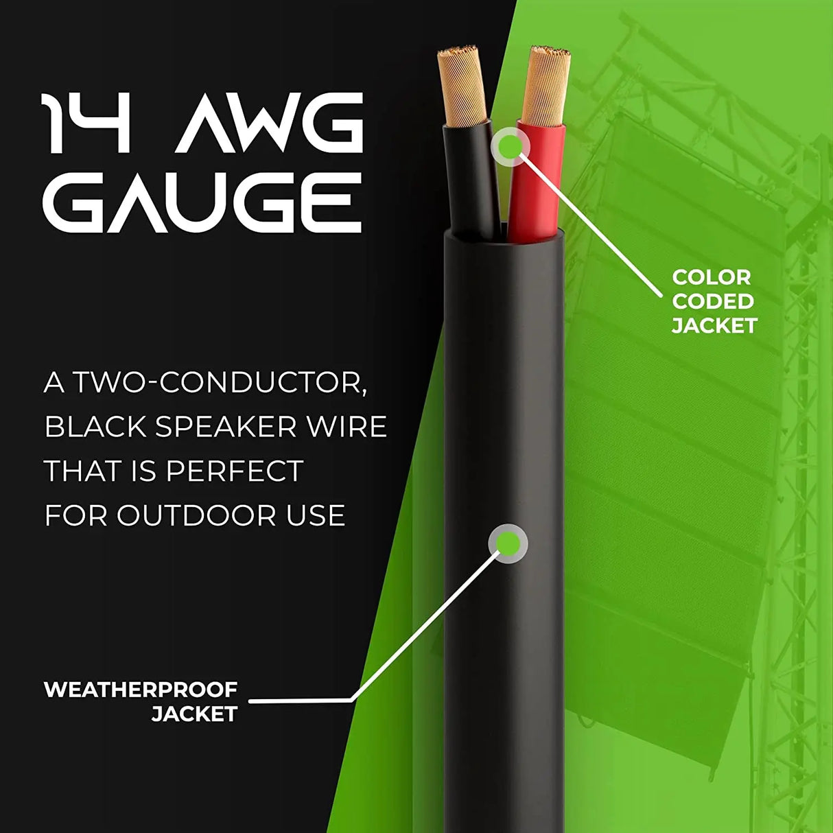 14/2 Speaker Wire (250 Feet) 14AWG Gauge - Outdoor Direct Burial in Ground/In Wall / CL3 CL2 Rated / 2 Conductors - OFC Oxygen-Free Copper, Black 250Ft