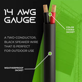14/2 Speaker Wire (250 Feet) 14AWG Gauge - Outdoor Direct Burial in Ground/In Wall / CL3 CL2 Rated / 2 Conductors - OFC Oxygen-Free Copper, Black 250Ft