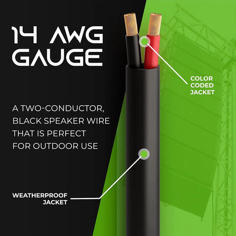 14/2 Speaker Wire (250 Feet) 14AWG Gauge - Outdoor Direct Burial in Ground/In Wall / CL3 CL2 Rated / 2 Conductors - OFC Oxygen-Free Copper, Black 250Ft