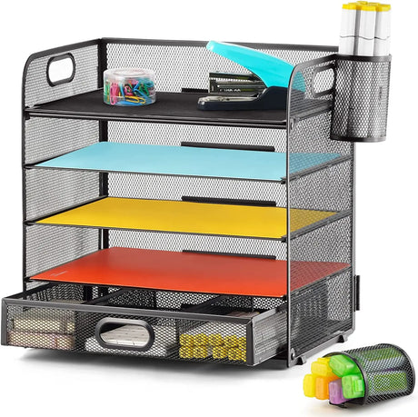 5 Tier Mesh Desktop File Organizer with Pen Holder and Sliding Drawer, Black