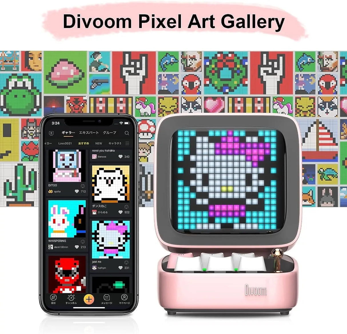 Ditoo Retro Pixel Art Game Bluetooth Speaker with 16X16 LED App Controlled Front Screen (Pink)