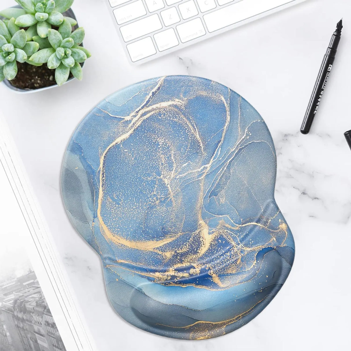 Mouse Pad, Ergonomic Mouse Pad with Gel Wrist Rest Support, Gaming Mouse Pad with Lycra Cloth, Non-Slip PU Base for Computer, Laptop, Home, Office & Travel, Blue Marble Texture