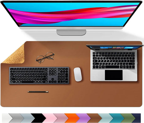 Office Desk Pad, Natural Cork & PU Leather Dual Side Large Mouse Pad, Laptop Desk Table Protector Writing Mat Easy Clean Waterproof for Office Work/Home/Decor (Brown,36"X17")