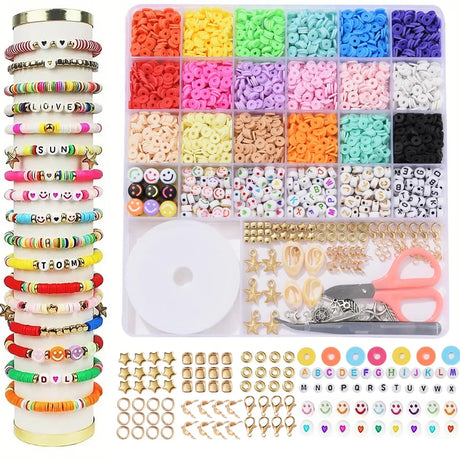 6MM Unique Polymer Clay Beads Set Rainbow Color Flat Chip Beads for Boho Bracelet Necklce Making Letter Beads Accessorie Kit DIY
