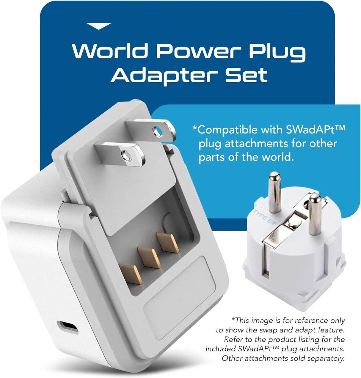 World Travel Plug Adapter Set, Safe USB-C 3.0-2 USA Socket,30W PD & QC - Compact & Powerful - Use in Europe Includes Type A, B, C, E/F, G, I Swadapt Attachments (PAK-30-WS)