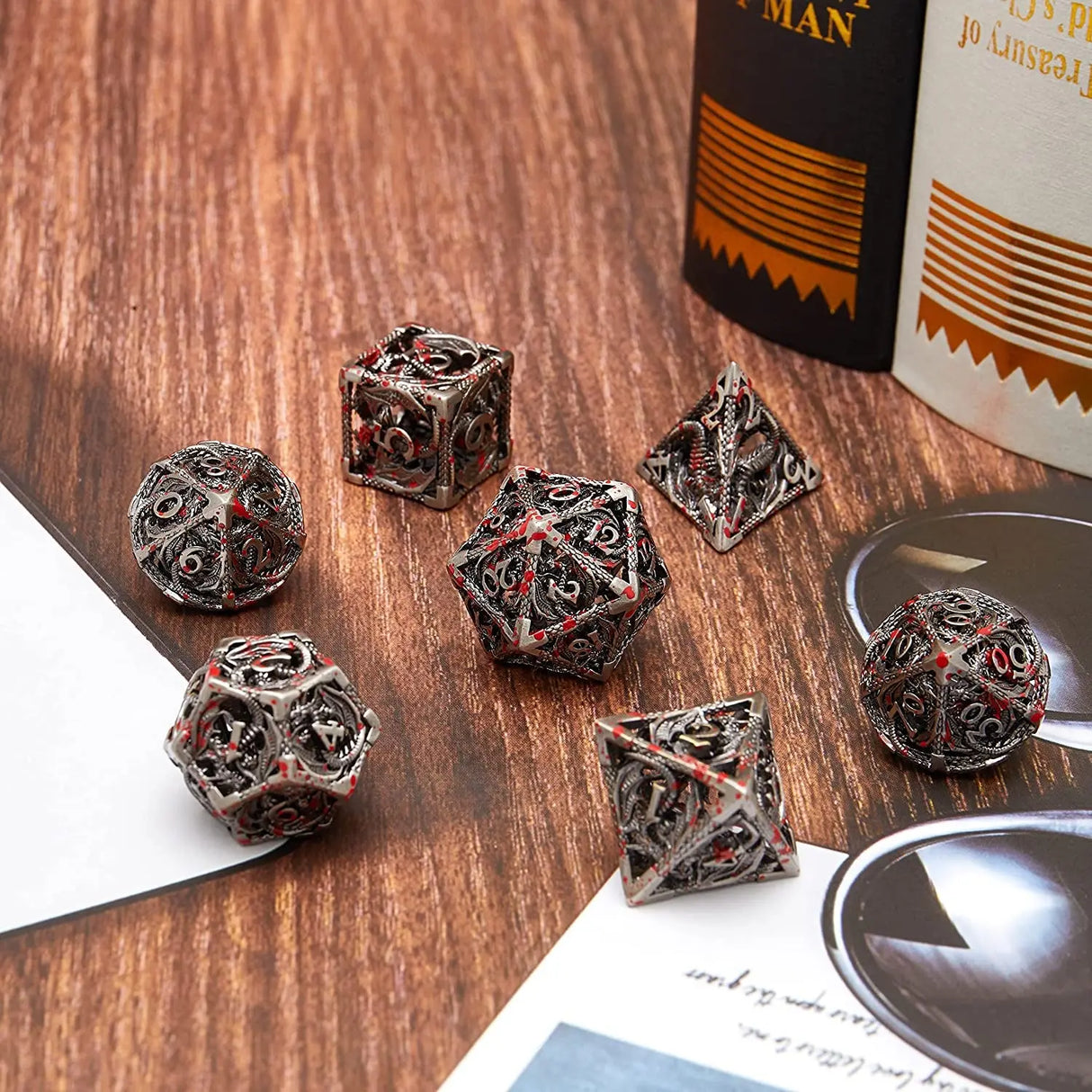 Hollow Metal DND Game Dice Dragon Shape Carved Ancient Bloodstain 7Pcs Set for Dungeons and Dragons RPG MTG Table Games D&D Pathfinder Shadowrun and Math Teaching (With Metal Case)