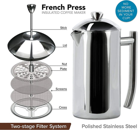 Double-Walled Stainless-Steel French Press Coffee Maker, Polished, 17 Ounces