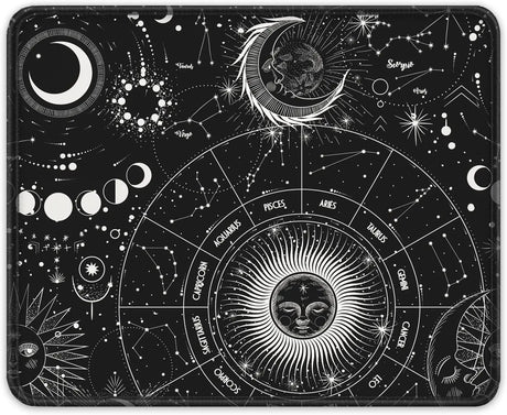 Mouse Pad, Square Vintage Style Anti-Slip Rubber Mousepad with Durable Stitched Edges for Gaming Work Office Laptop Computer Women Men Kids, Cute Custom Pattern, 12" X 9", Boho Sun Moon