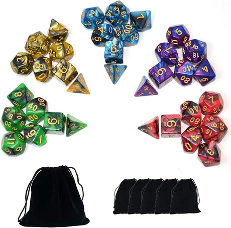 5 X 7-Die Double-Colors Polyhedral Dice Sets with Pouches for D&D DND RPG MTG Dungeon and Dragons Table Board Roll Playing Games D4 D6 D8 D10 D% D12 D20