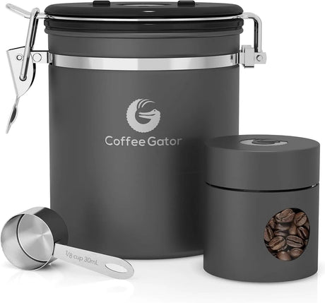 Stainless Steel Canister - Medium 16Oz, Gray Coffee Grounds and Beans Container with Date-Tracker, Co2-Release Valve, and Measuring Scoop - Ideal Coffee Lovers Gifts for Her