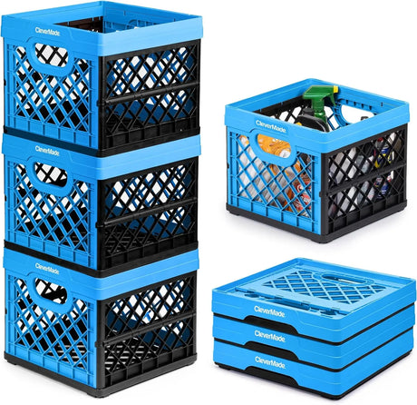 Collapsible Milk Crate, Neptune Blue, 3PK - 25L (6 Gal) Stackable Storage Bins, Holds 50Lbs per Bin - Clevercrates Are Heavy Duty, Plastic Collapsible Storage Crate for Multi Purposes