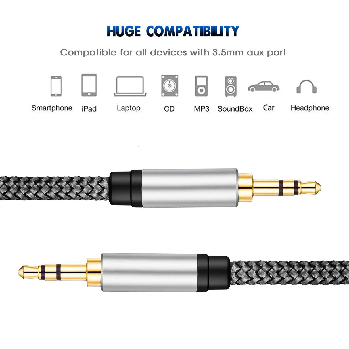 Aux Cable 15Ft,3.5Mm Male to Male Auxiliary Audio Stereo Cord Compatible with Car,Headphones, Ipods, Iphones, Ipads,Tablets,Laptops,Android Smart Phones& More (15Ft/5M, Silver)