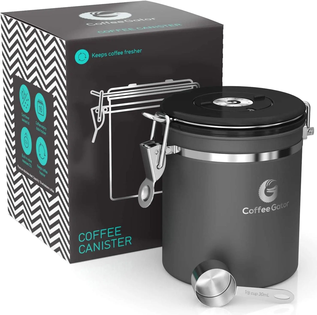 Stainless Steel Canister - Medium 16Oz, Gray Coffee Grounds and Beans Container with Date-Tracker, Co2-Release Valve, and Measuring Scoop - Ideal Coffee Lovers Gifts for Her