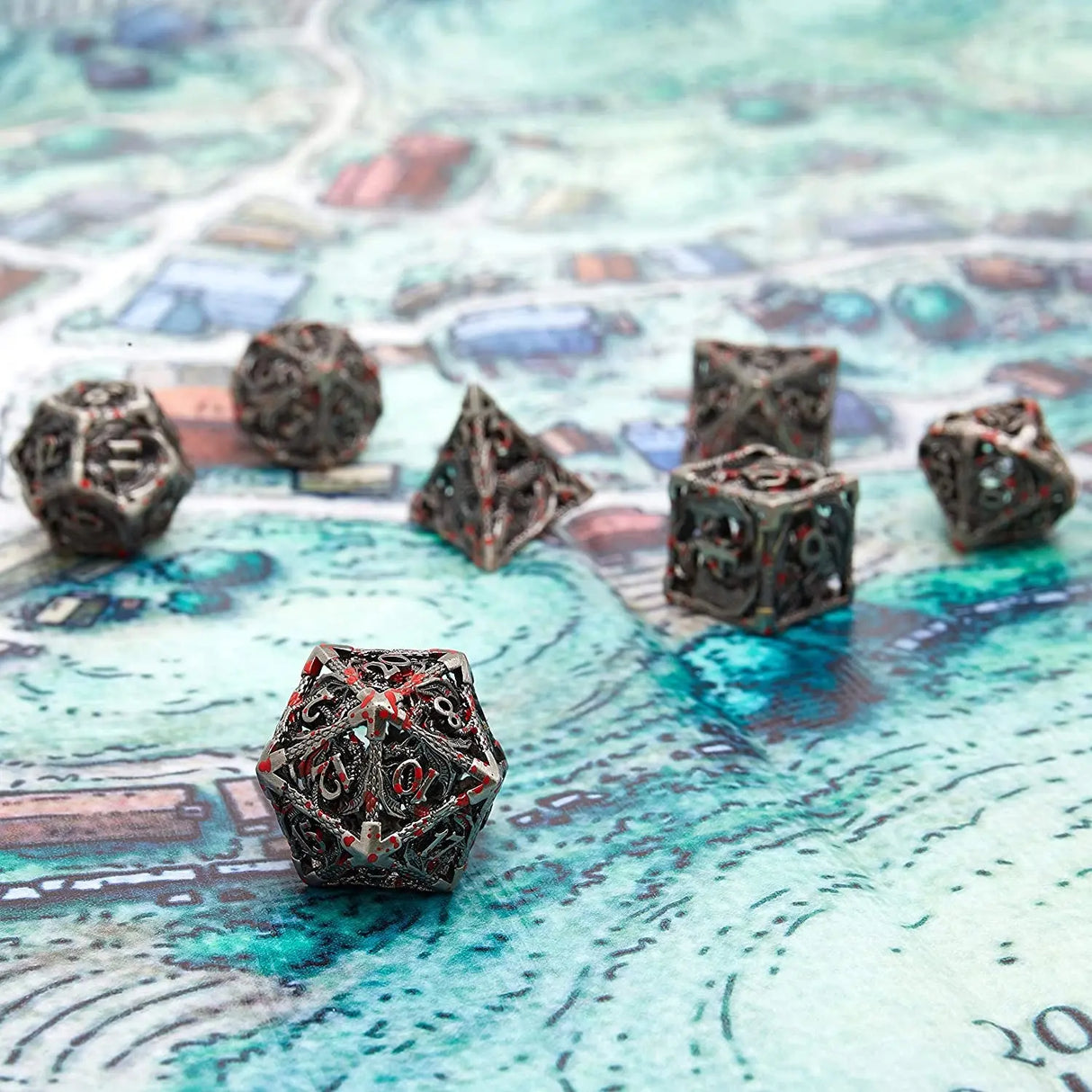Hollow Metal DND Game Dice Dragon Shape Carved Ancient Bloodstain 7Pcs Set for Dungeons and Dragons RPG MTG Table Games D&D Pathfinder Shadowrun and Math Teaching (With Metal Case)