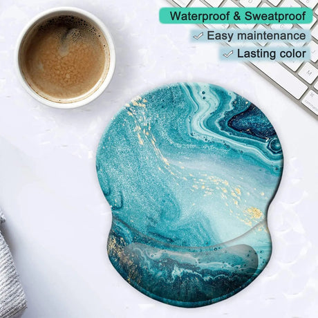 Mouse Pad, Ergonomic Mouse Pad with Gel Wrist Rest Support, Gaming Mouse Pad with Lycra Cloth, Non-Slip PU Base for Computer, Laptop, Home, Office & Travel, Blue Marble Gold