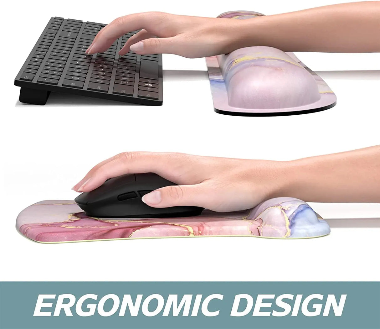 Mouse Pad Wrist Support Keyboard Wrist Rest Pad Ergonomic Mousepad Non-Slip Memory Foam Keyboard Pad Easy Typing Pain Relief Perfect for PC Laptop Gaming Office,Pretty Pink Marble