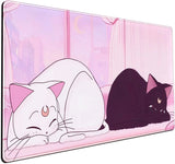 Desk Pad Pink Anime White Cat Black Cat Gaming Mouse Pad Large, Office Decor Exclusive Beautiful Girls Non-Slip Rubber Computer Mat for Women Desktop with Stitched Edges 31.5X15.7 In