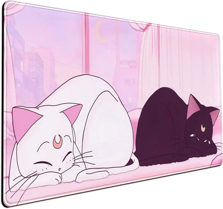 Desk Pad Pink Anime White Cat Black Cat Gaming Mouse Pad Large, Office Decor Exclusive Beautiful Girls Non-Slip Rubber Computer Mat for Women Desktop with Stitched Edges 31.5X15.7 In
