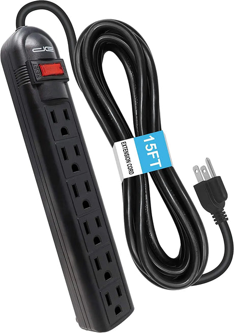 6-Outlet Surge Protector Power Strip with 15-Ft Long Extension Cord, Black, ETL Listed/Ul Standard