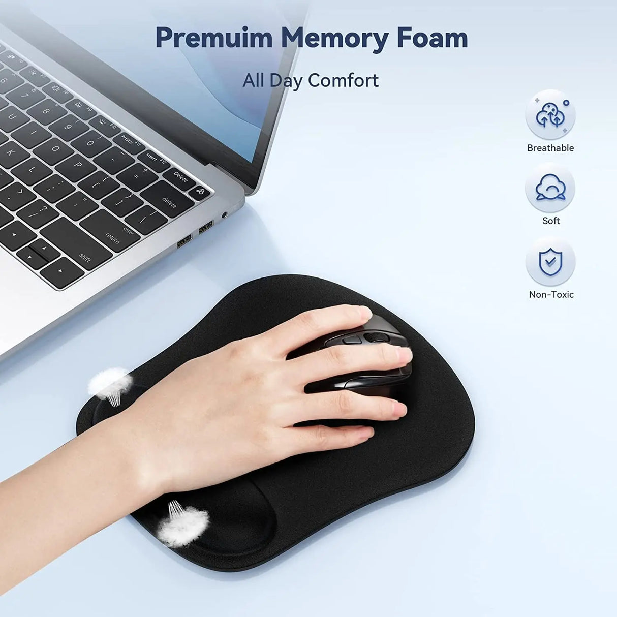 Mouse Pad with Wrist Support, Ergonomic Gaming Mouse Pad Pain Relief, Portable Comfortable Mousepad for Computer, Laptop, Office, Home and Travel, Non-Slip Base, Waterproof Surface, Black