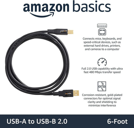 USB-A to USB-B 2.0 Cable for Printer or External Hard Drive, Gold-Plated Connectors, 6 Foot, Black