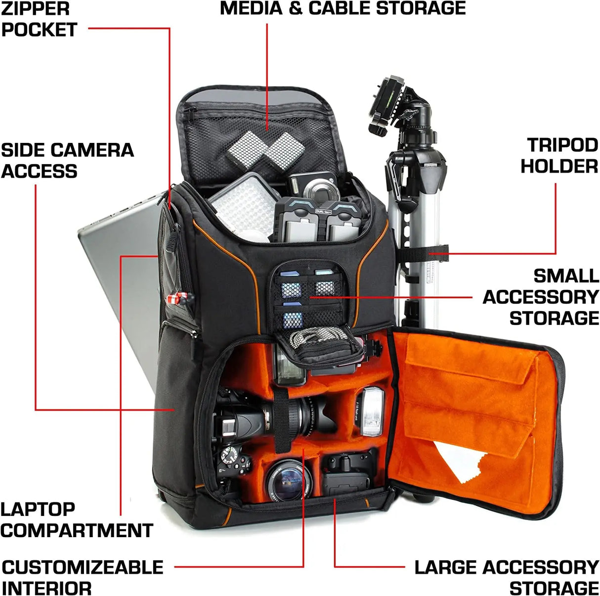 DSLR Camera Backpack Case - 15.6 Inch Laptop Compartment, Padded Custom Dividers, Tripod Holder, Rain Cover, Long-Lasting Durability and Storage Pockets - Compatible with Many Dslrs (Orange)