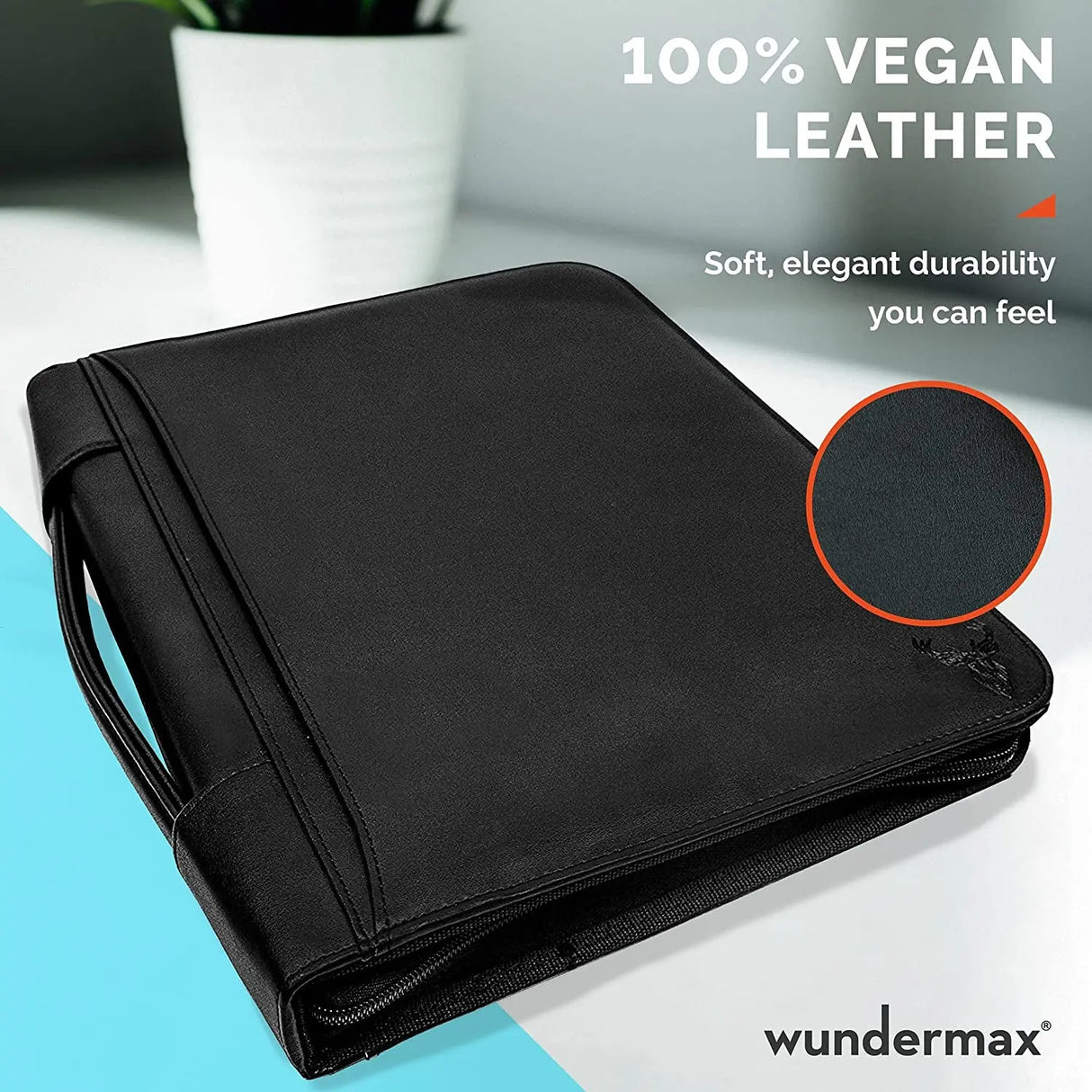 Portfolio Binder - 13 X 10.7 X 1.9 Inch, Vegan Leather, 3-Ring Padfolio for Women and Men W/Handle, Zipper, Notepad, Detachable Binder and Pockets for Tablet, Resume and Documents - Black