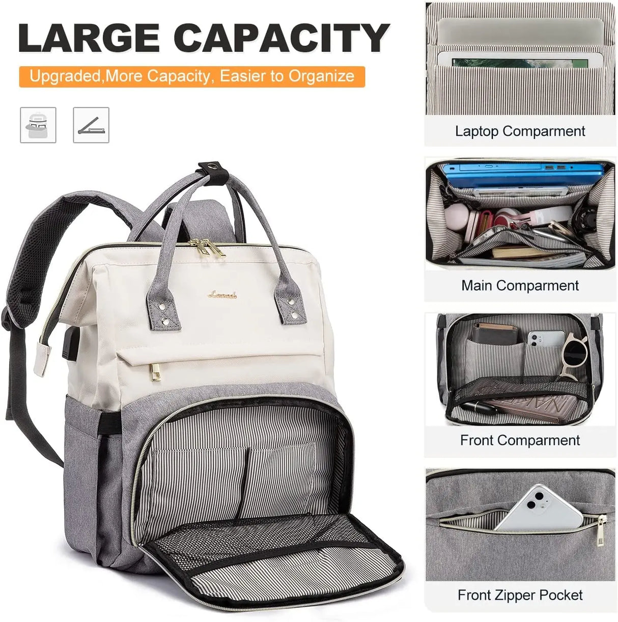 Laptop Backpack for Women Fashion Business Computer Backpacks Travel Bags Purse Doctor Nurse Work Backpack with USB Port, Fits 17-Inch Laptop Beige Grey