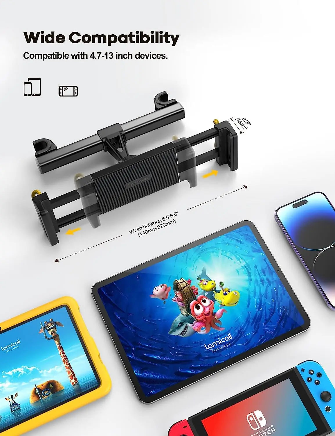 Car Tablet Headrest Holder - Car Back Seat Headrest Tablet Mount Stand for Kids, Road Trip Essentials, Compatible with Ipad Pro Air Mini, Galaxy Tab, Other 5.5 to 8.6" Wide Devices, Black