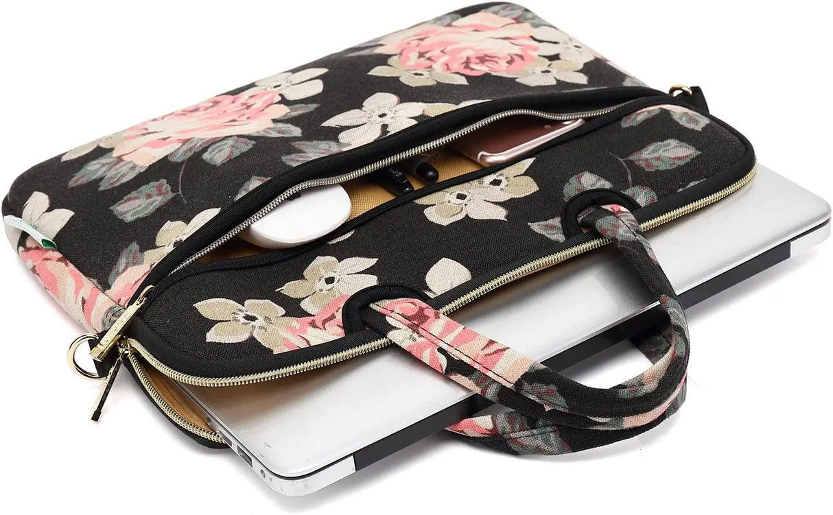 Black Rose Patten Water-Resistant Laptop Shoulder Messenger Bag Case Sleeve for 15 Inch 15.6 Inch Laptop,Laptop Briefcase