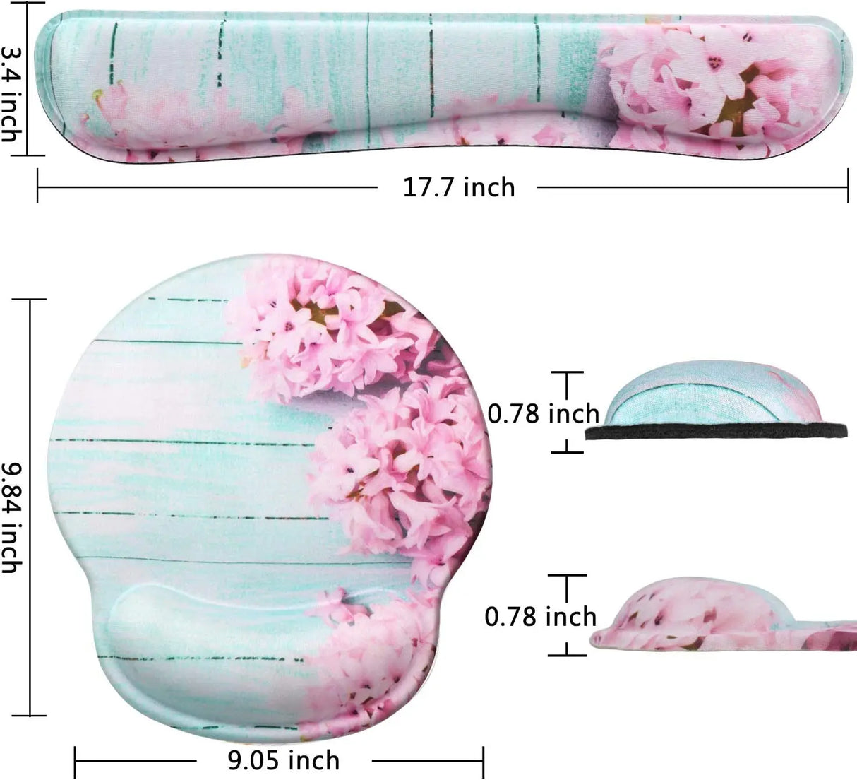 Ergonomic Mouse Pad Wrist Support and Keyboard Wrist Rest Set with Non-Slip, Memory Form-Filled, Mouse Pad with Wrist Rest Cushion for Hand Computer Desk Gaming Office Laptop, Teal Pink Floral
