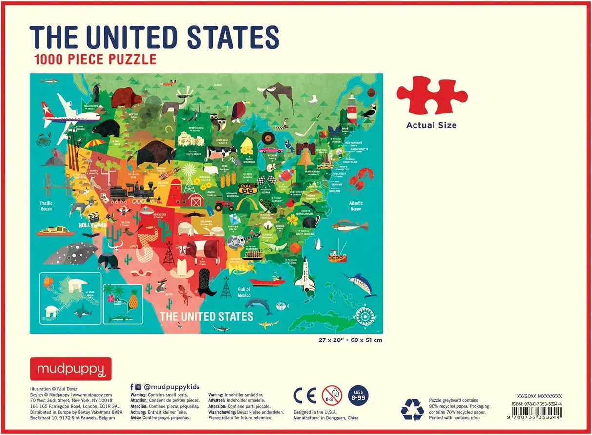 1000 Piece United States Jigsaw Puzzle for Adults and Families, USA Family Puzzle with Vibrant Illustrations of the Attributes of the 50 States, One Size (9780735353244)