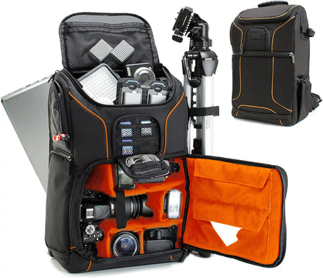 DSLR Camera Backpack Case - 15.6 Inch Laptop Compartment, Padded Custom Dividers, Tripod Holder, Rain Cover, Long-Lasting Durability and Storage Pockets - Compatible with Many Dslrs (Orange)