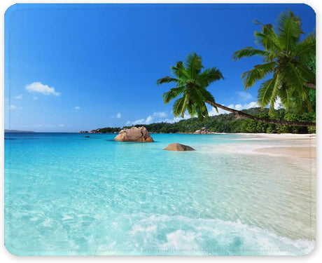 Mouse Pad, Square Beach Style Anti-Slip Rubber Mousepad with Durable Stitched Edges for Gaming Office Laptop Computer PC Men Women Kids, Cute Custom Pattern, Beach and Coconut Trees Design