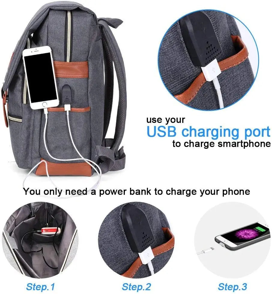 Vintage Laptop Backpack for Women Men,Travel Backpacks with USB Charging Port Fashion Backpack Fits 15.6Inch Notebook, Grey