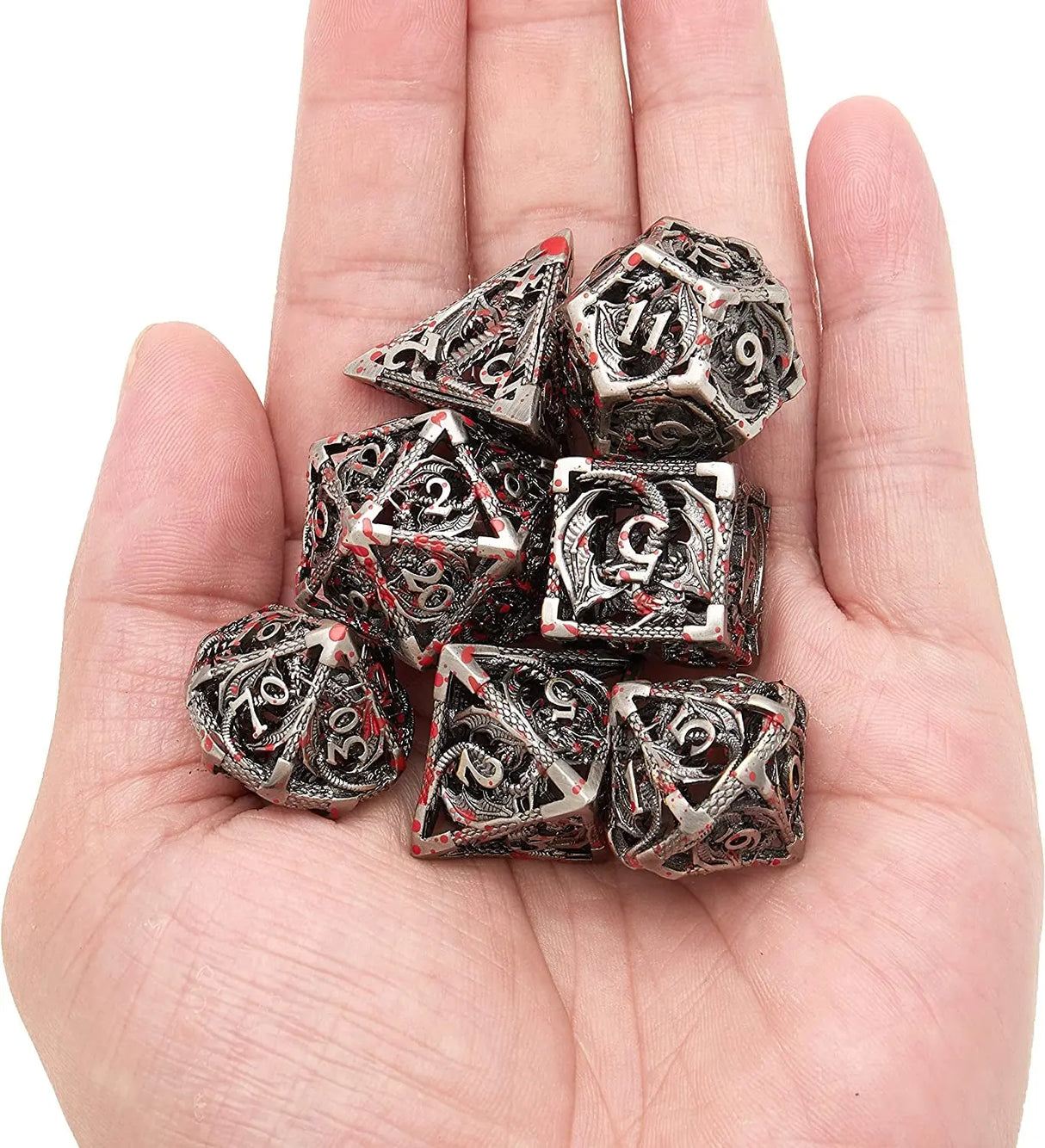Hollow Metal DND Game Dice Dragon Shape Carved Ancient Bloodstain 7Pcs Set for Dungeons and Dragons RPG MTG Table Games D&D Pathfinder Shadowrun and Math Teaching (With Metal Case)