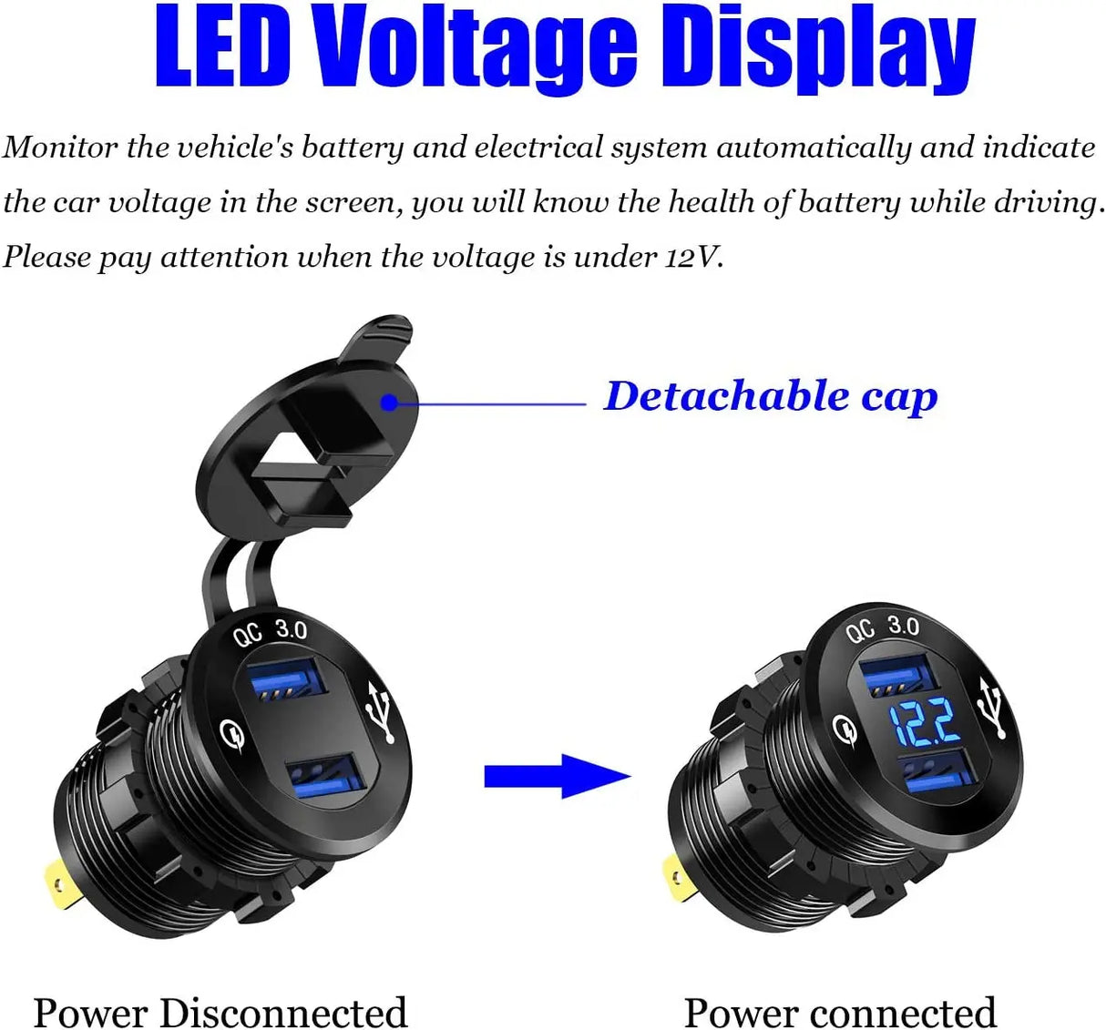 12V USB Outlet Quick Charge 3.0 Dual USB Charger Socket, USB Cigarette Lighter Socket with LED Voltmeter, Waterproof Aluminum Car Charger Adapter DIY Kit for Car Marine Truck Golf Cart RV, Etc.