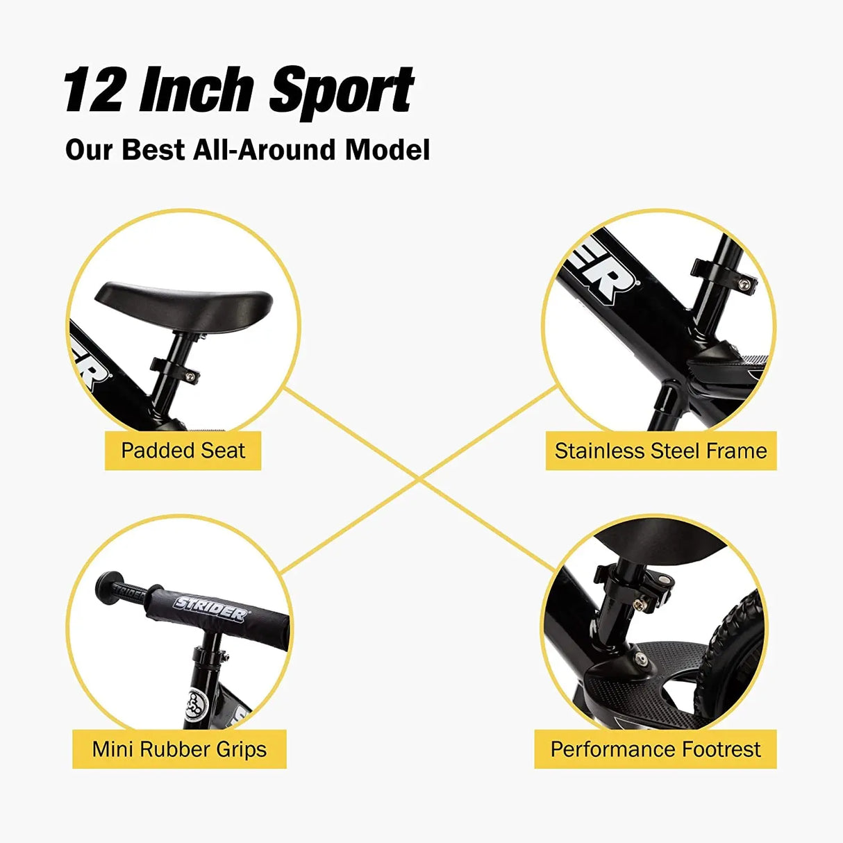 12” Sport Bike - No Pedal Balance Bicycle for Kids 18 Months to 5 Years - Includes Safety Pad, Padded Seat, Mini Grips & Flat-Free Tires - Tool-Free Assembly & Adjustments