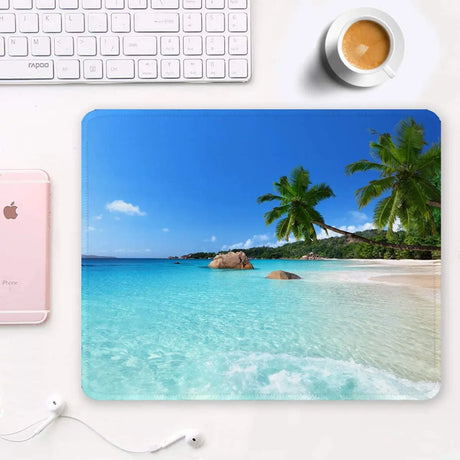 Mouse Pad, Square Beach Style Anti-Slip Rubber Mousepad with Durable Stitched Edges for Gaming Office Laptop Computer PC Men Women Kids, Cute Custom Pattern, Beach and Coconut Trees Design