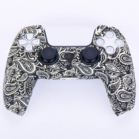 Water Transfer Printing Silicone Thickened Cover Skin Case for PS5 Dualsense Controller X 1(Leaves Red) with Thumb Grips X 10